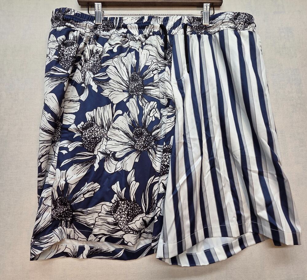 VATPAVE Men's Split Hawaiian Shorts Navy Floral Stripe‎ Resort Wear 2XL